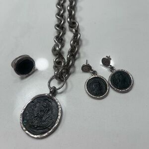 Vintage Ancient Roman Coins in Sterling Silver Set; ring, necklace, earrings